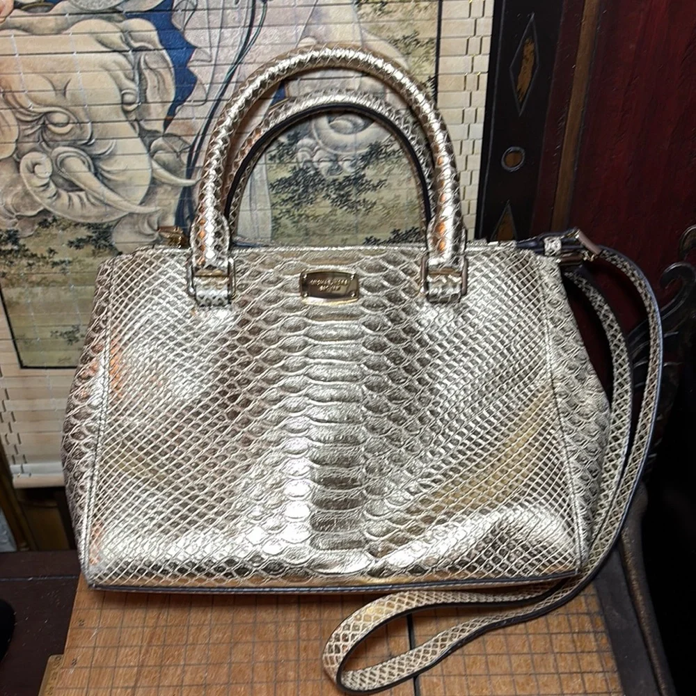 MICHAEL Michael Kors Metallic Gold Snakeskin Satchel w Dust Bag, Gold Tone Charm